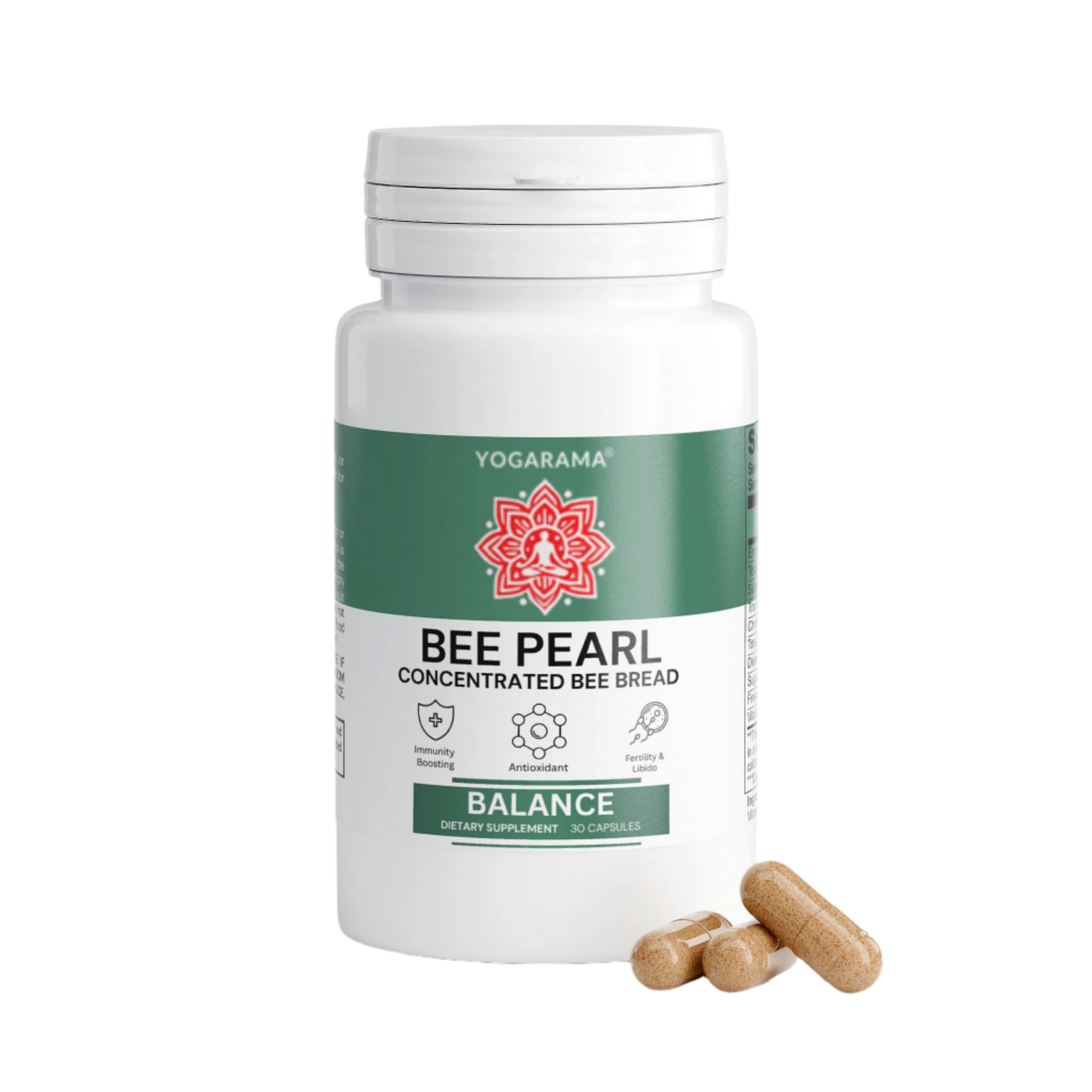 Yogarama Bee Pearl supplement bottle with capsules on a white background