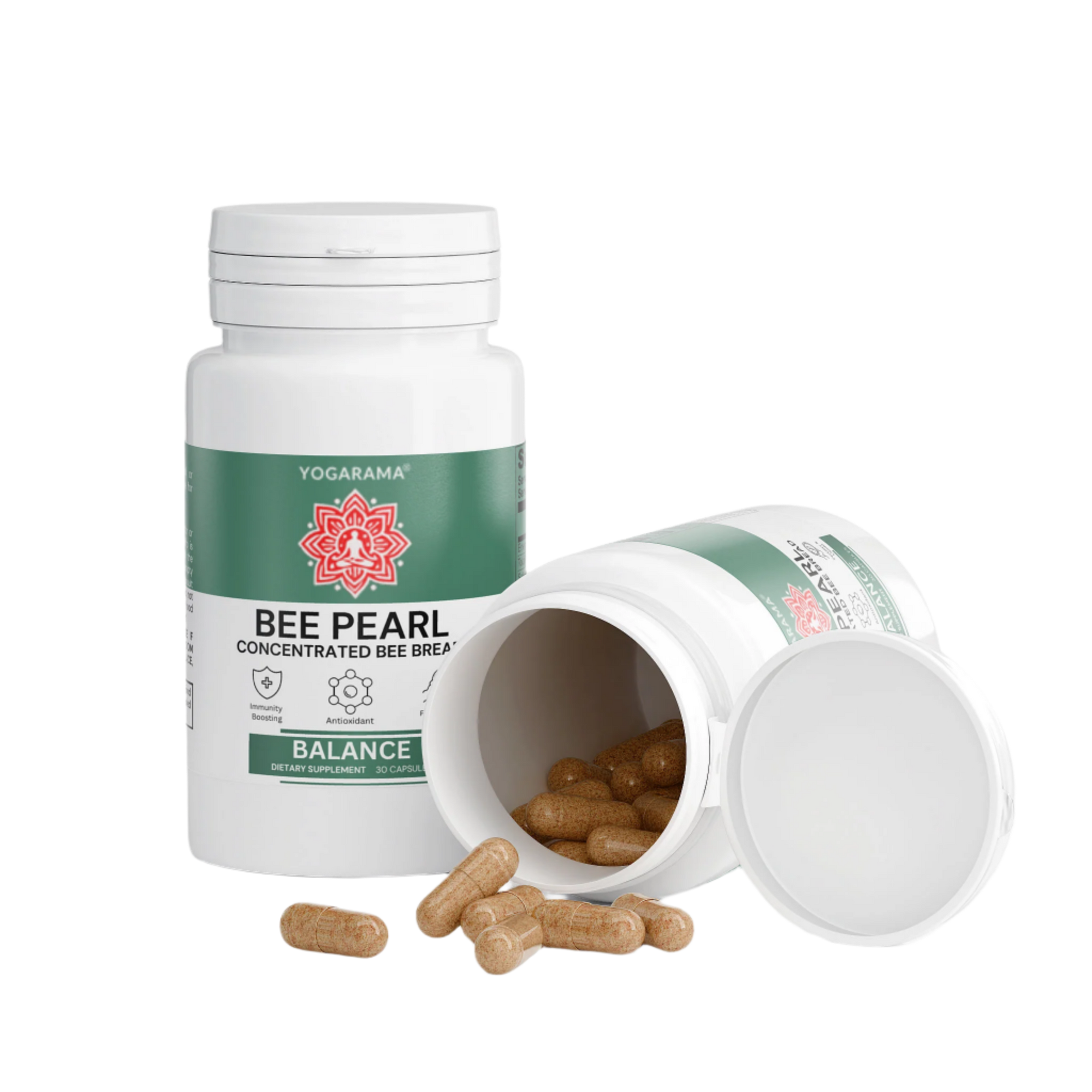 Yogarama Bee Pearl supplement bottle with open lid on a white background
