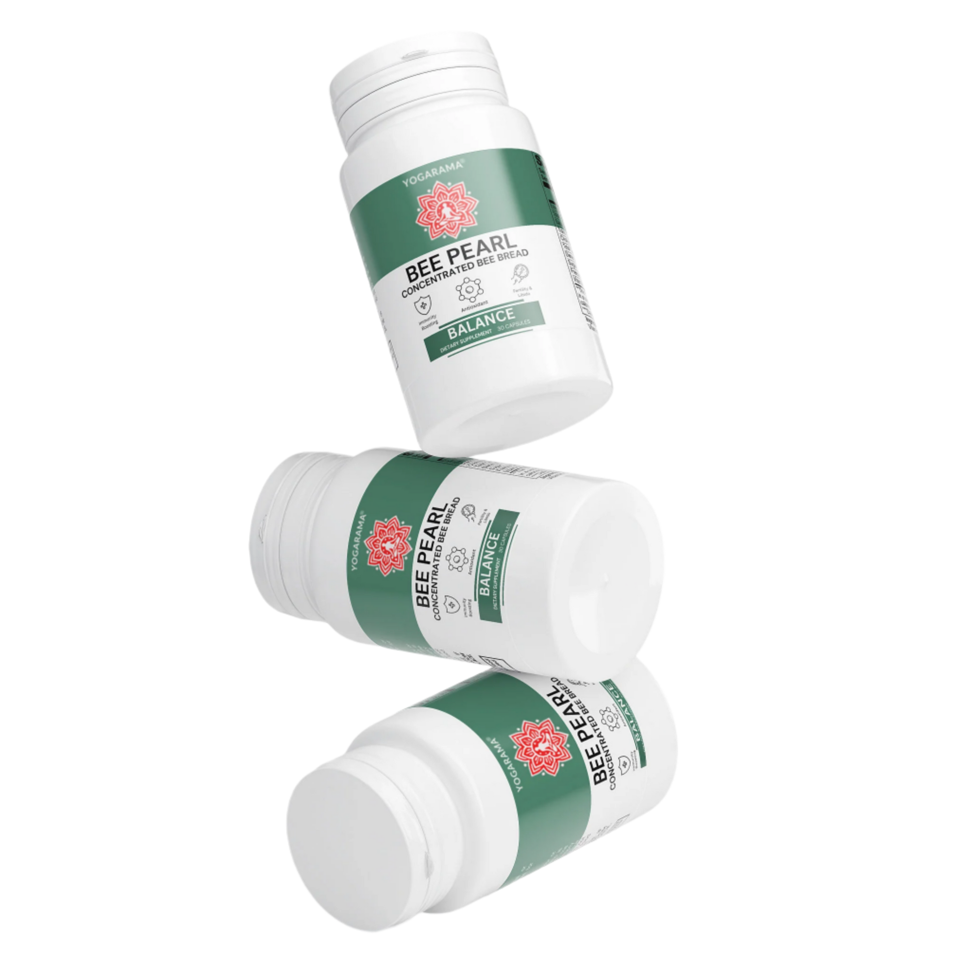 Three bottles of Bee Pearl Balance supplement on a white background