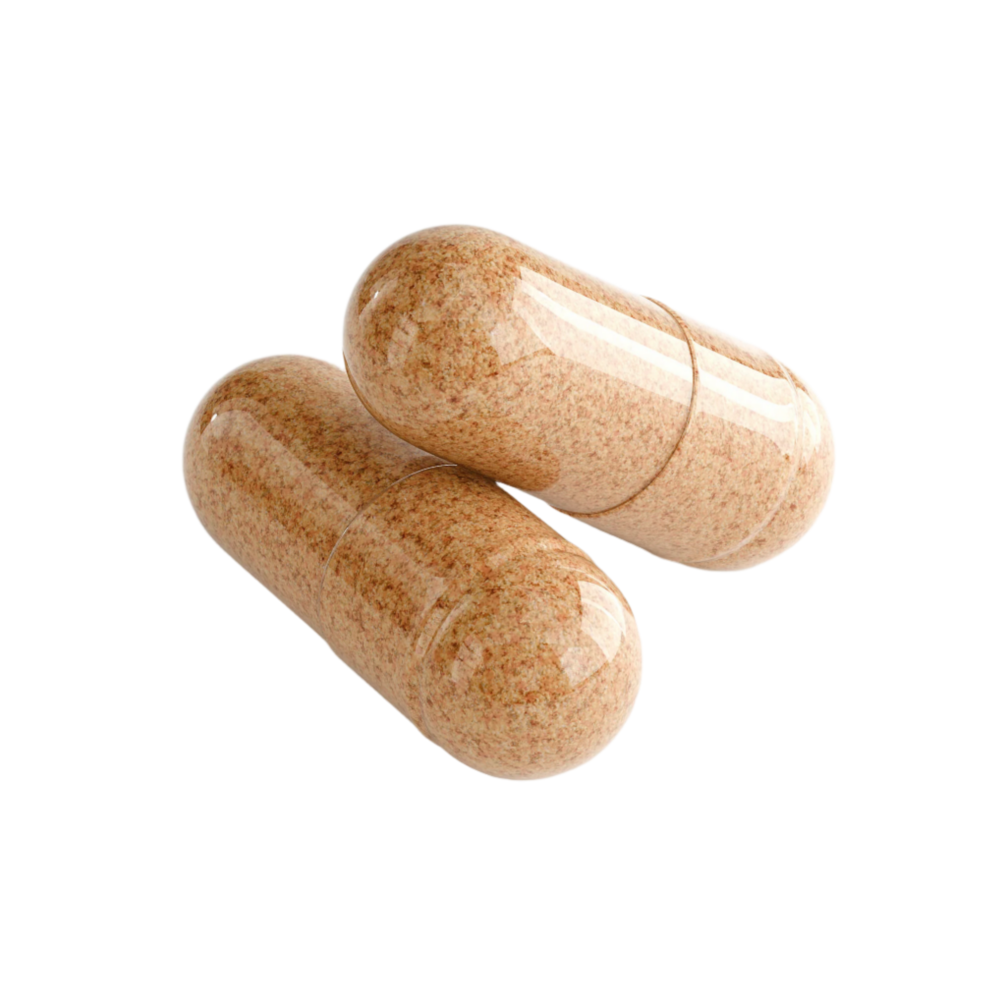 Two brown capsules on a white background